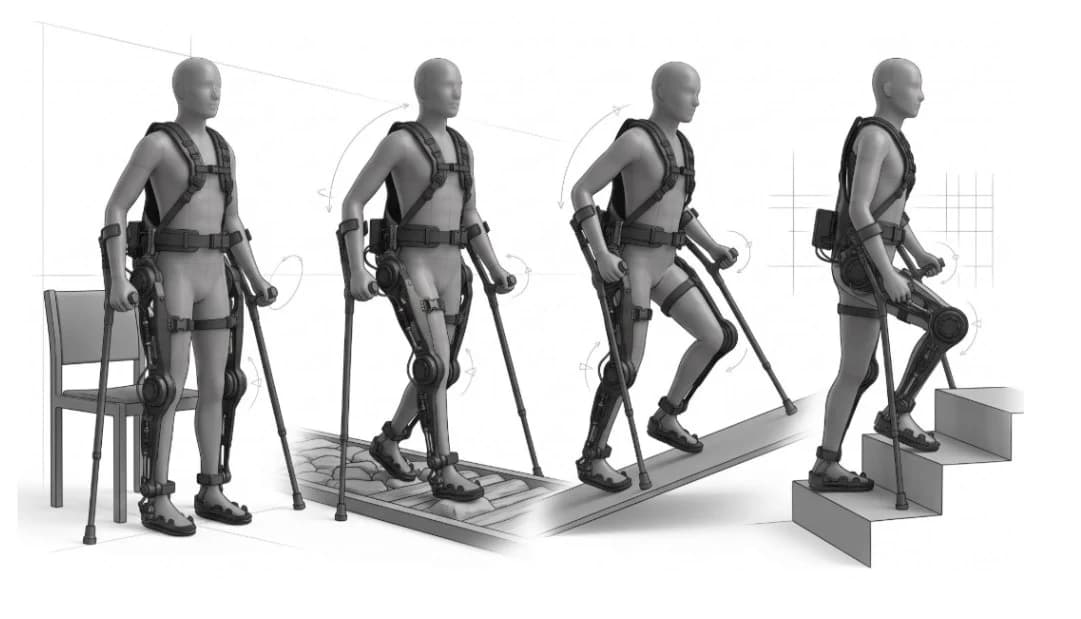 HERMES Exoskeleton concept design — walking sequence across terrain and stairs